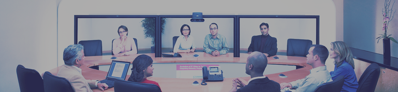 Conference room with video conference screen