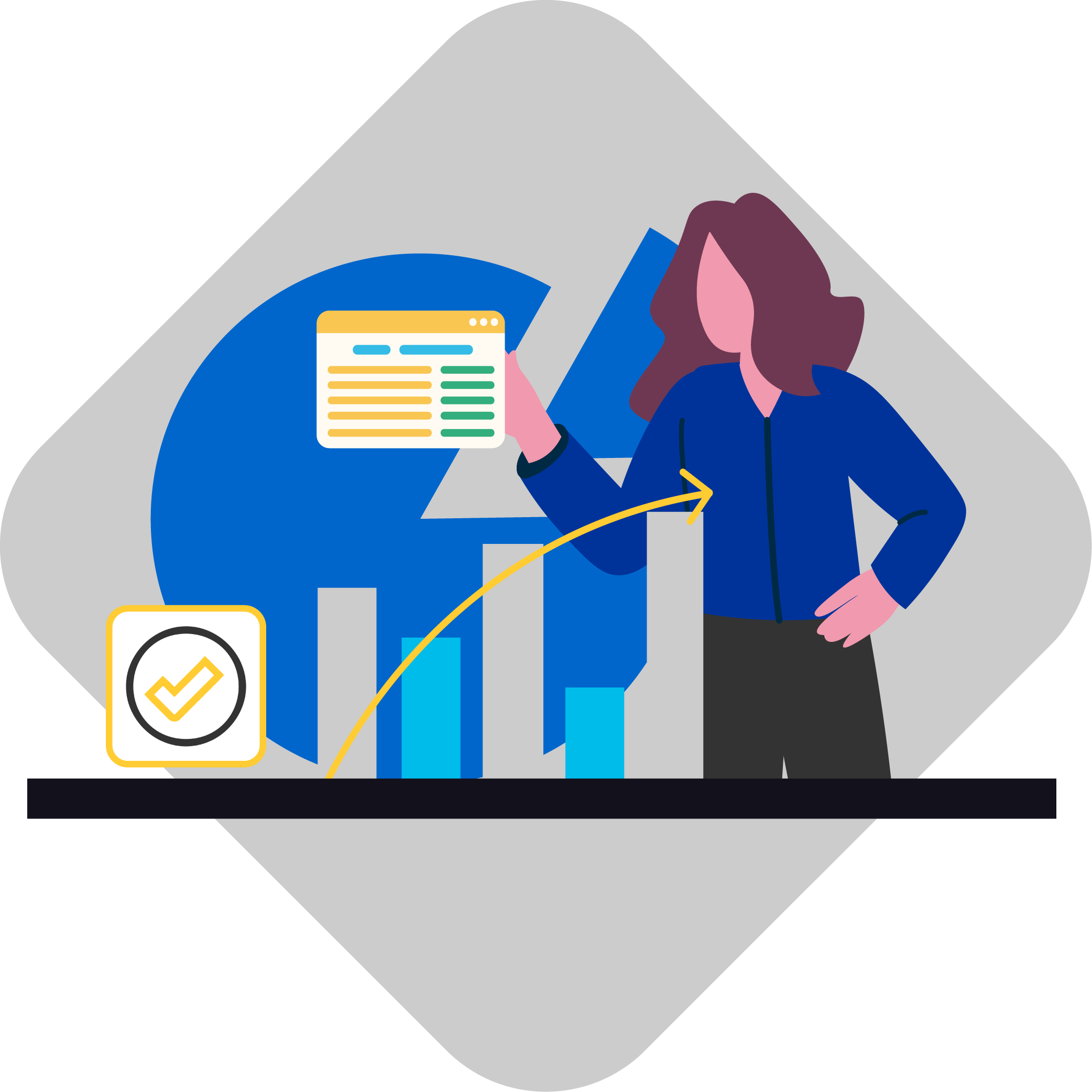 Illustration of Person with Pie Chart and Data Bar Graph